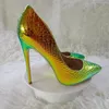 Gold Laser Pumps Grünes Schlangenmuster Mischfarbe Flache Spitzschuh Stiletto Frühling Sommer Cover Heel 12 CM Schuhe Plus Größe 45