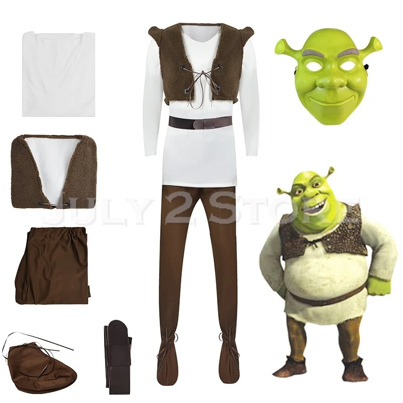 SHrek Cosplay Kostüm Grüne Monster Maske Ritter Handschuhe Kostüm Uniformen Herren Halloween Party Outfit Rollenspiel Top Hosen Weste 2025 Image