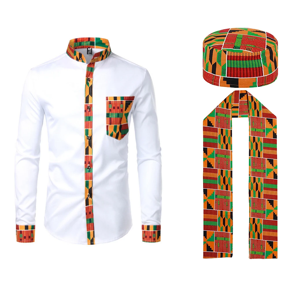 3 Stück afrikanisches Kente Muster Kostüm Set mit Knopf Hemd Kufi Hut Schal gestohlen Schärpe Outfit für schwarze Geschichte Monat Party Anzug  Image