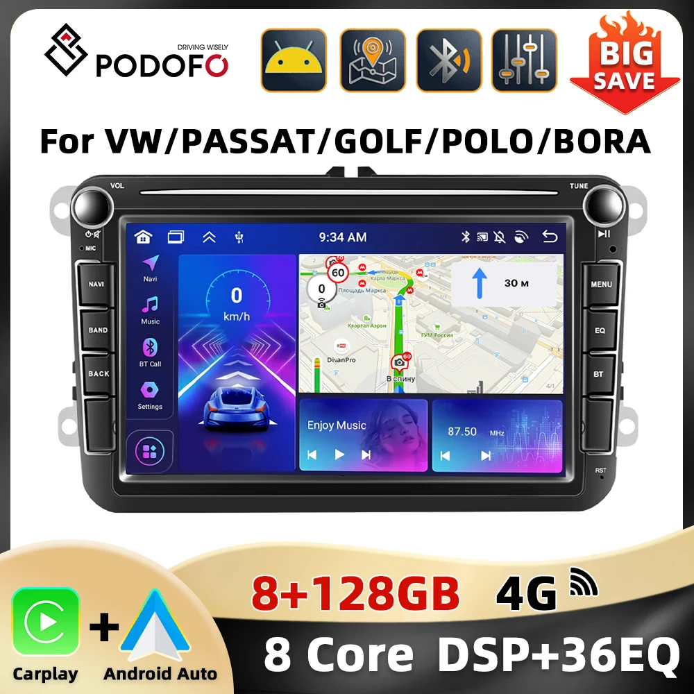 Podofo 8+128G 2Din Car Radio For VW/SAGITAR/JATTA/PASSAT/GOLF 8Core GPS Carplay Android Auto WIFI 4G AI Voice FM BT Car Stereo Image