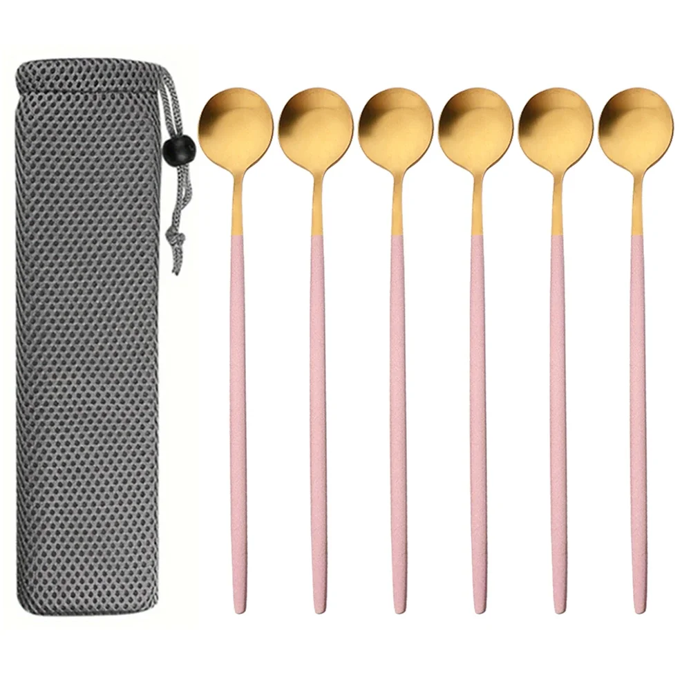 7Pcs Matte Lange Stiel Rühren Löffel Teelöffel Saft Kaffee Rühren Besteck Edelstahl Eis Löffel Küche Zubehör Image