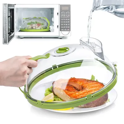 Microwave Cover for Food, Clear Microwave Splatter Cover with Water Steamer and Handle, 10 Inch
