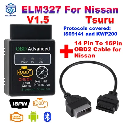 For Nissan Tsuru ELM327 V1.5 Bluetooth OBD2 Scanner With 14Pin To 16Pin OBD2 Adapter Cable Car Code