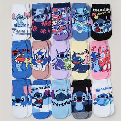 TEMU 15-pack Stitch Men's Casual Crew Socks - 15 Unique Colorful Cartoon Designs, Soft Breathable Fabric, Machine Washable For Casual Attire Image