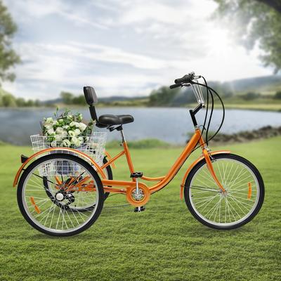TEMU Adult Tricycle, 6-speed Aluminum Commuter Bike With 95kg Capacity, Anti-rust Alloy Wheels & White Storage Basket, Yellow For Shopping/leisure/park Rides (requires Assembly) Image