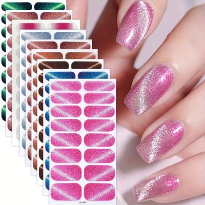 TEMU 144pcs Nail Polish Strips Sparkling Cat Eye Self-adhesive Full Cover Nail Wraps With Nail File Long Lasting Nail Stickers For Women And Girls Daily Dating Use Manicure Decoration Diy Nail Art Image