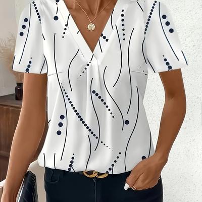 TEMU Elegant Women's V-neck Blouse With Geometric Print - Short Sleeve, Pleated Front, Lightweight Polyester, Summer Chic For Casual Or Formal Wear, Ladies Blouses Image