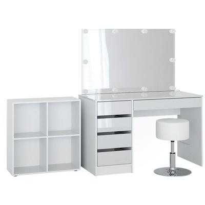 Vicco - Schminktisch Sherry, Weiß, 120 cm 4 Teile, mit Standregal, Spiegel, Hocker, led Image