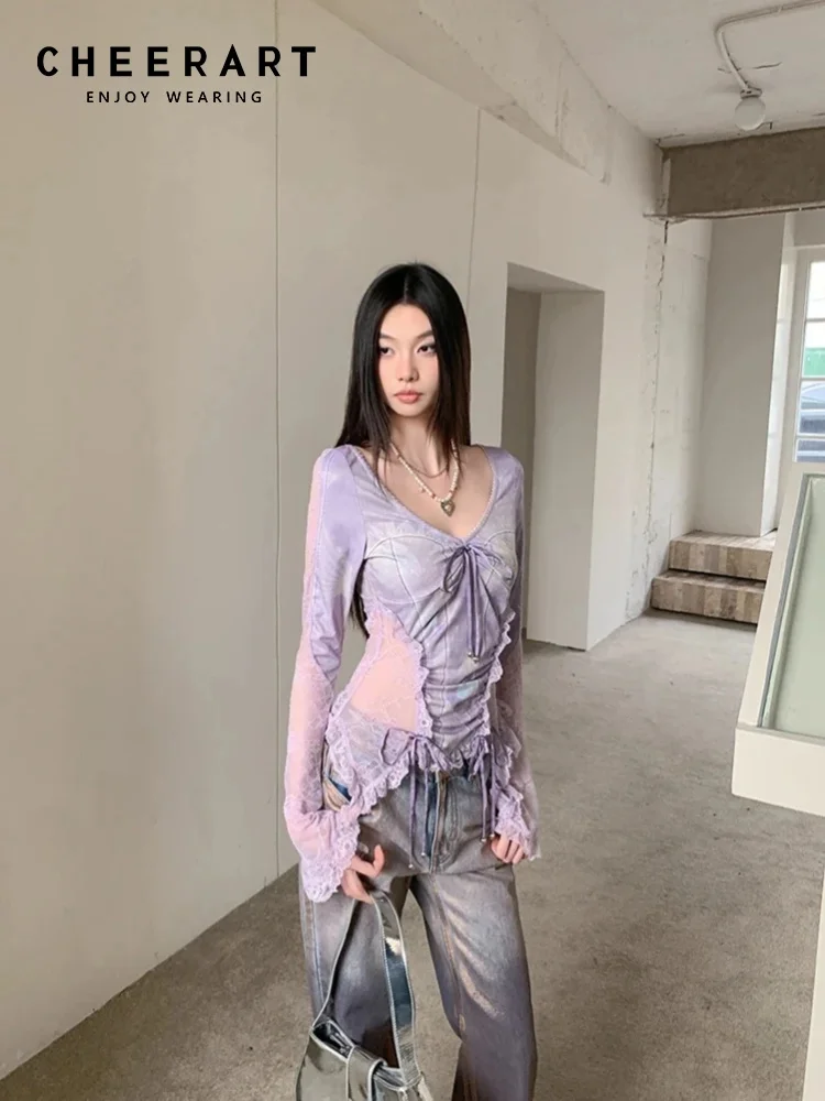 CHEERART Purple Goth Lace Flare Sleeve Blouse Women Corset Lace Up Tunics Long Sleeve Top V Neck Blouse Autumn Fall Clothes