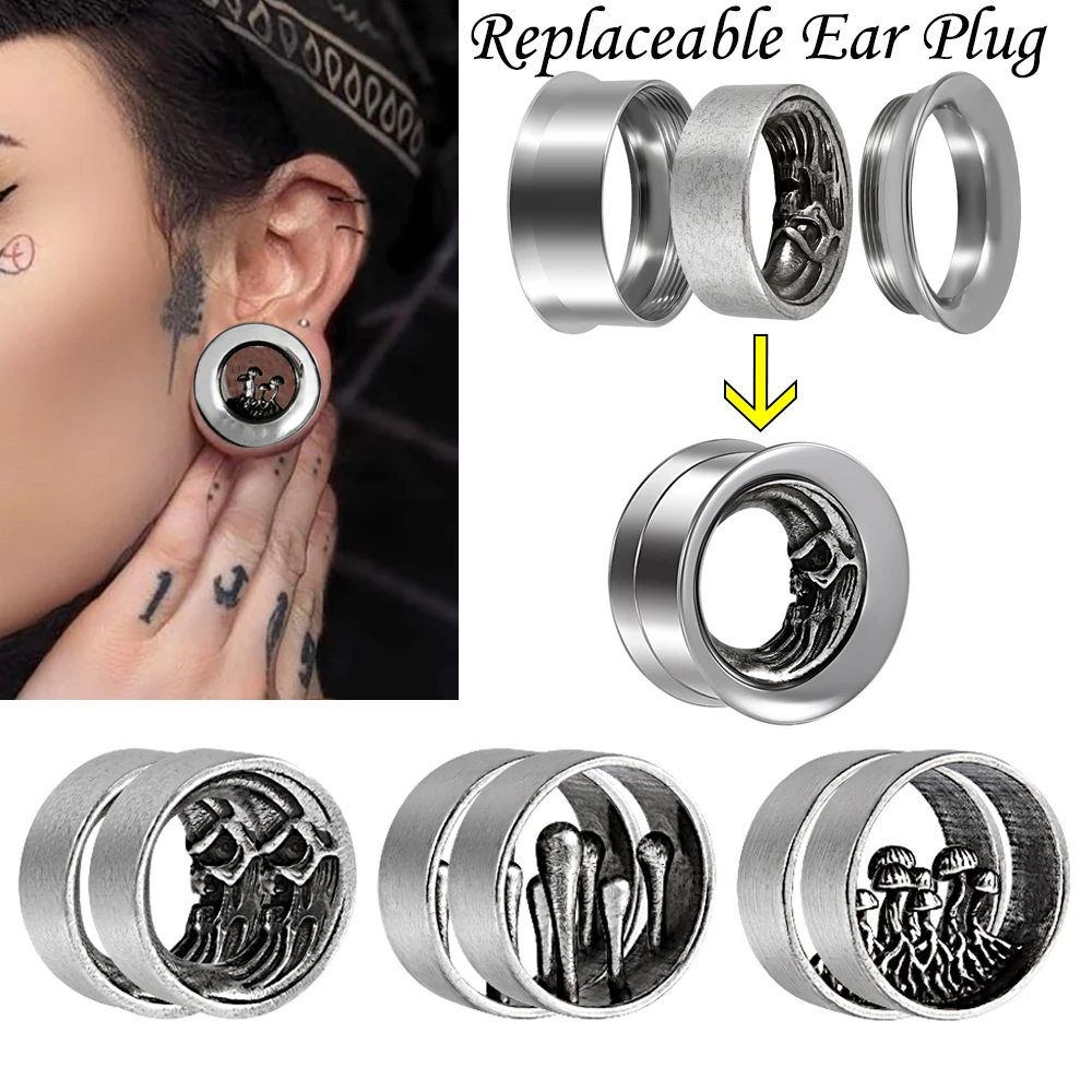 1 Set mit 3 Paar Pilz-Schädel-Mond- und 1 Paar chirurgische Ohrtunnel, Ohrdehner, Messgerät, Ohrläppchen-Expander, Piercing-Schmuck Image