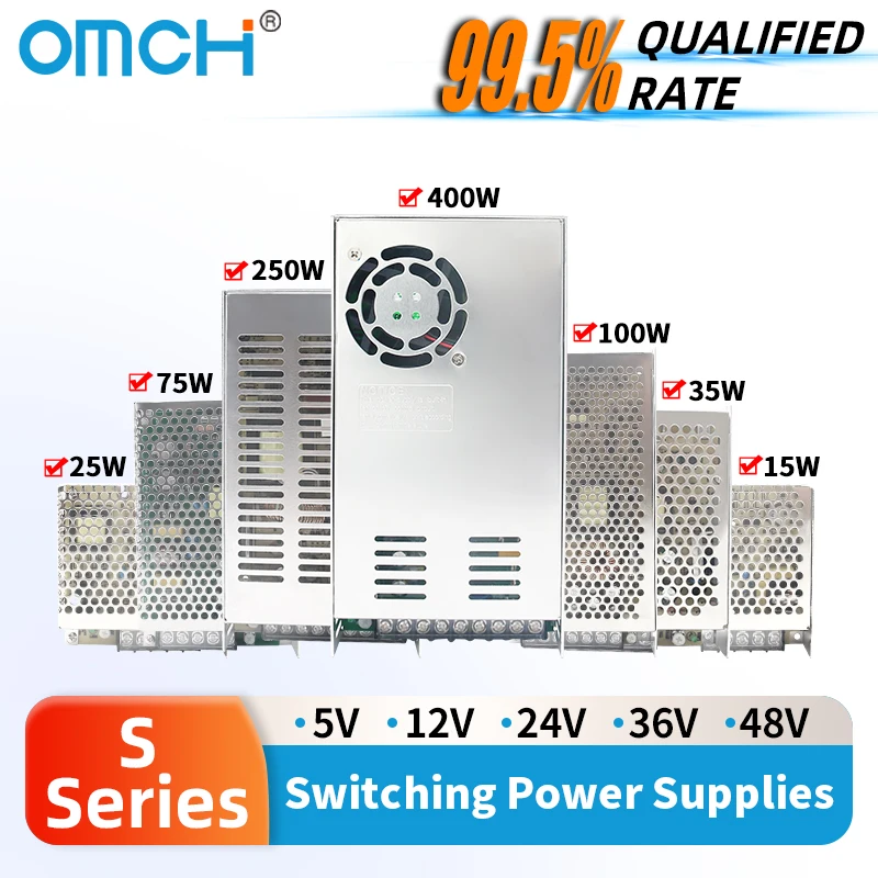 OMCH S-Serie Schaltnetzteil 15/25/35/50/60/75/100/120/145/150/200/201/250/300/350/400W 5V/12V/24V/36V/48V AC zu DC SPMS Image