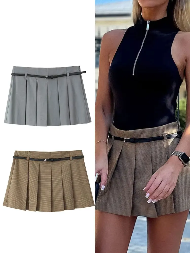 HH 2024 frauen Mode Plissee Mini Culottes Für Herbst Hohe Taille Gürtel Dekoration Seite Zip Weibliche Casual Straße Röcke Image
