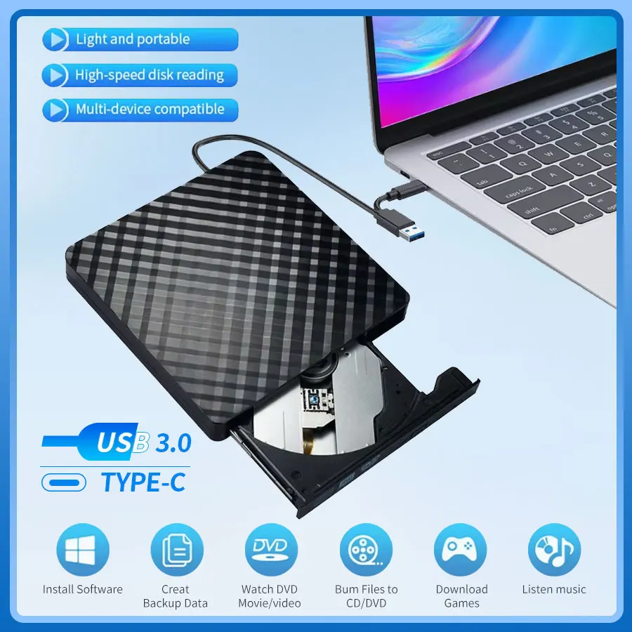 2-in-1 Externe CD DVD Optische Laufwerke USB 3.0 Typ C Schlankes schützbares CD-RW-Laufwerk DVD-ROM-Brenner-Player für Laptop PC Desktop Image