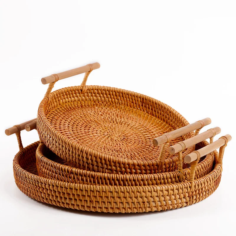 Runder Esstisch aus Rattan mit natürlichem Rattan-Griff, handgefertigter geflochtener Korb, Heimdekoration, Aufbewahrungstablett, geeignet für Couchtisch Brea