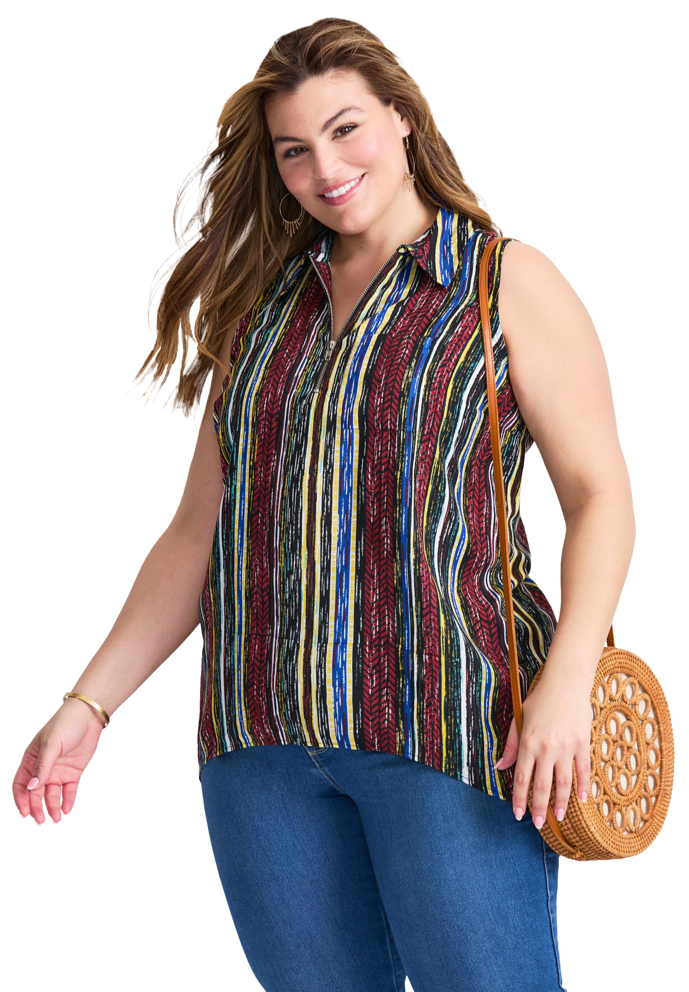 Plus Size Women's Zip Neck Hi-Low Shirt by Avenue in Multi Brushed Stripe (Size 14)