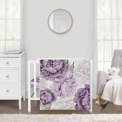 Sweet Jojo Designs Lavender Purple Boho Shabby Chic Floral Girl 3p Mini Crib Bedding Set Lilac Ivory Bohemian Vintage Watercolor