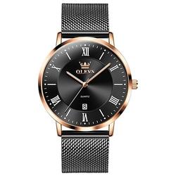 Montre homme Olevs 5623, simple, décontractée, cadran romain, date, acier inoxydable, étanche, quartz, rose, noir