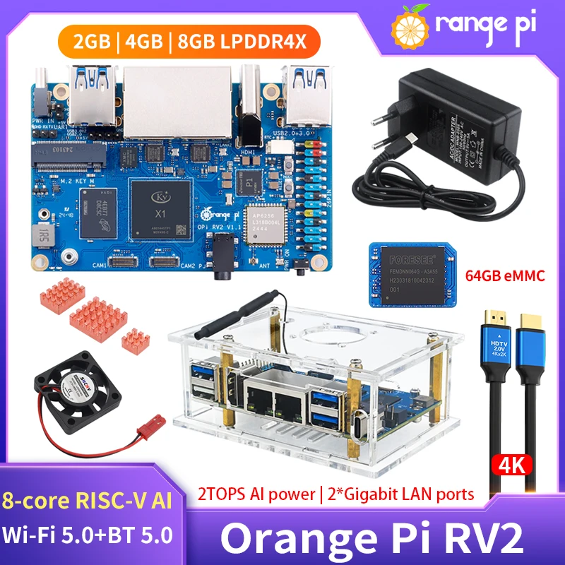 Orange Pi RV2 2GB 4GB 8GB RAM LPDDR4 8-Core RISC-V 2TOPS AI CPU Single Board Computer WiFi BT5.0 BLE M2 PCIE SSD Mini PC