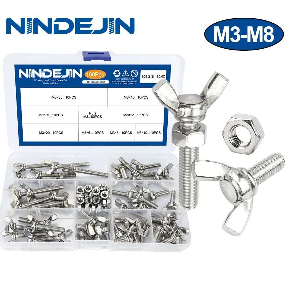Nindejin Flügels ch raube Set Schmetterlings schrauben mit Mutter Edelstahl m3 m4 m5 m6 m8 Flügelkopf Rändel schraube Kit din316 Image