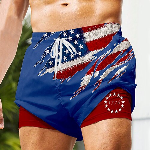 Herren US Flagge Patriotisch 1776 Gefütterte Shorts 2 in 1 Badeshorts Badeshorts Mittlere Taille Hawaiianisch Urlaub Strandbekleidung Seitentaschen Mit Kompressionsfutter Elastischer Kordelzug in der Image
