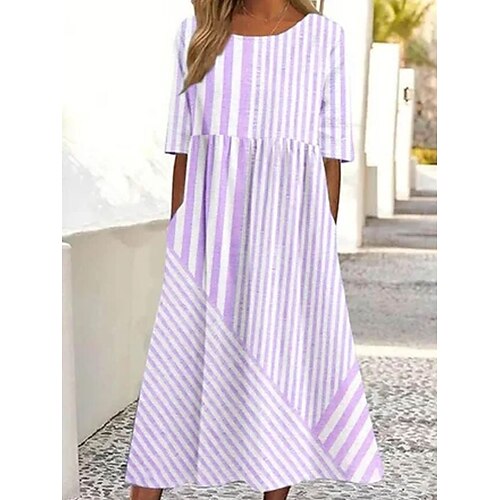 Damen Midikleid Sommerkleid Urlaub Lässig Strand Täglich Ferien Teegesellschaft Lässiger Schnitt Grafik Gestreift Halbarm Rundhalsausschnitt Rosa Blau Purpur Sommer Image