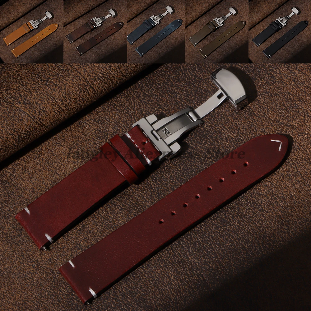 Ölwachs Echtleder Uhrenarmband Schmetterlingsschnalle 18/19/21/20/22mm/24mm für Omega für Huawei Watch GT4/GT3 Nähte Armband Image