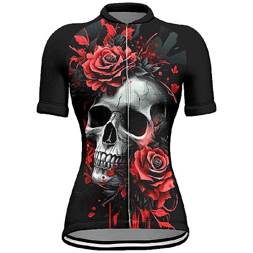 Damen Radtrikot Schädel Blume Kurzarm Fahhrad T-Shirt Trikot mit 3 Gesäßtaschen Mountainbike MTB Schnelltrocknend Anatomisches Design Feuchtigkeitsableitend Atmungsaktiv Sport Weinrot Schwarz Rot Image
