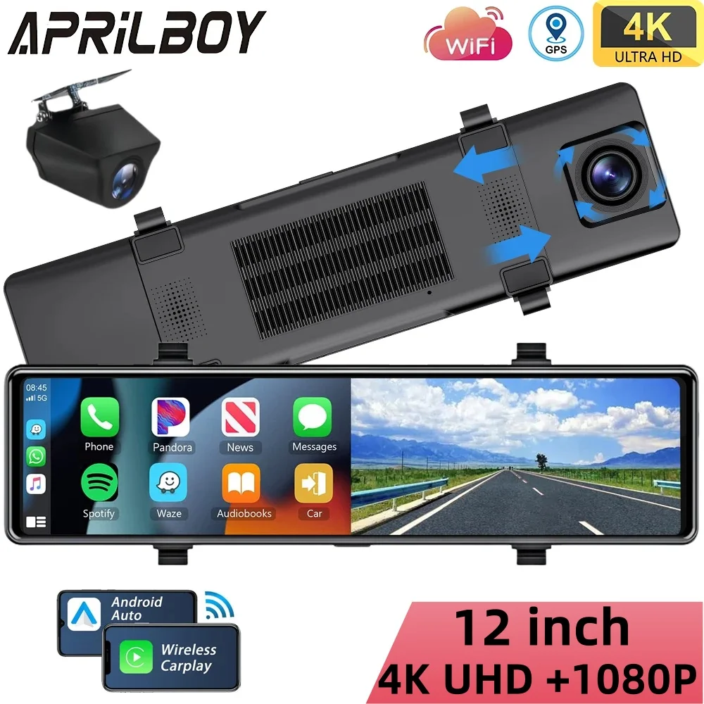 Aprilboy 12'' Spiegelkamera für Auto Touchscreen Videorecorder Rückspiegel Dash Cam Vorder- und Rückfahrkamera Spiegel Black Box Image