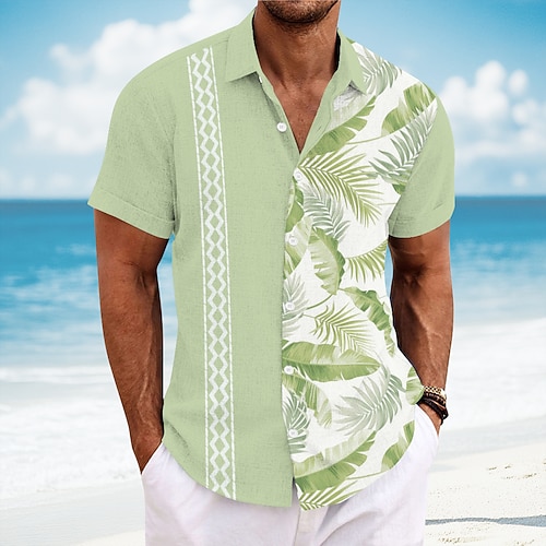 Herren Geometrisch Palmblatt Tropische Pflanzen Hemd Guayabera Hemd Sommer Hawaiihemd Kurzarm Hawaiianisch Urlaub Alltagskleidung Strandbekleidung Sommer Frühling Umlegekragen Knopf hoch Hemden mit Image