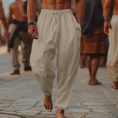 Herren Leinenhosen Hose Sommerhose Baggy-Hosen Strandhose Kordelzug Elastischer Bund Weites Bein Einfach Komfort Atmungsaktiv Volle Länge Outdoor Lässig Ferien Mode Retro Vintage Schwarz Weiß Image