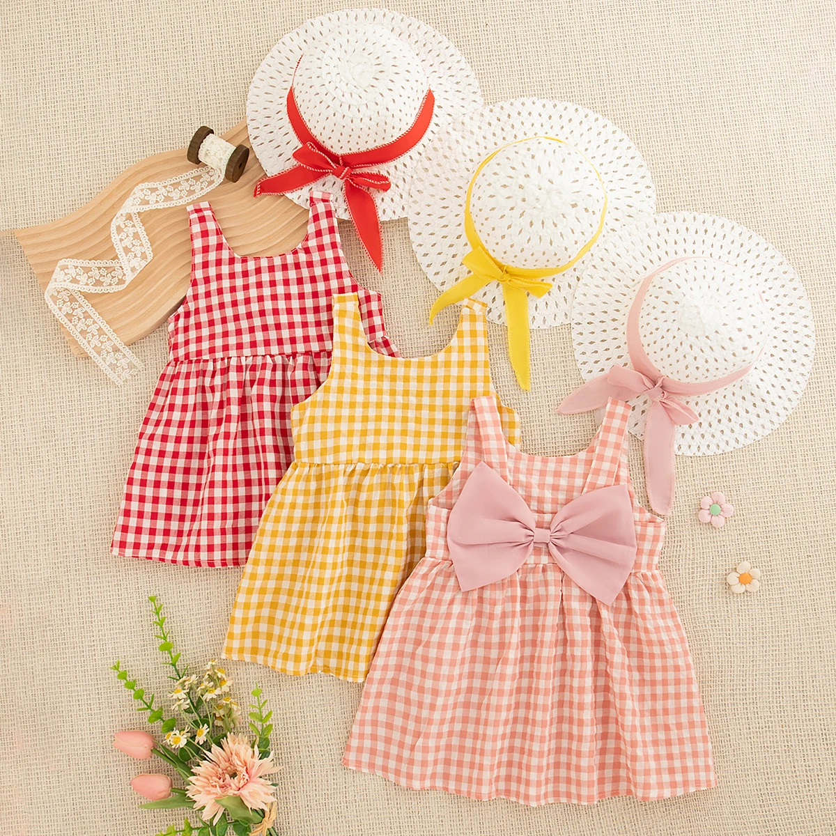 Baby Mädchen Kleid Sommer Schleife Und Voll Gedruckt Plaid Gestreiften Neckholder Mädchen Kleid Nette Casual Strand Mädchen Kinder Kleid mit Hut Image
