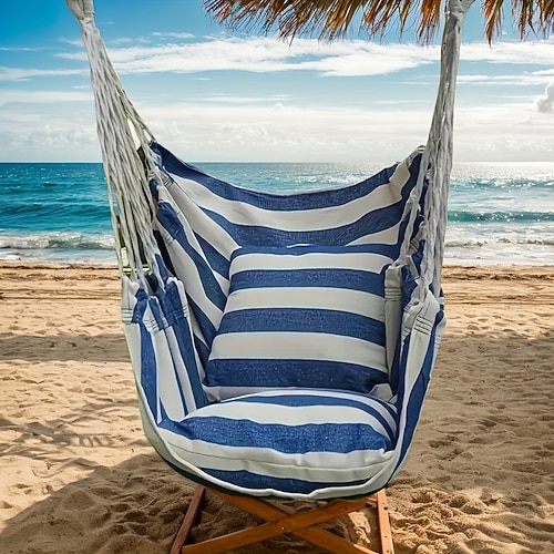 Hängesessel mit 2 Seilen, gestreifter Stoff, Freizeitstoff, gestreifter Hängesessel ohne Kissen und Kopfkissen, mit 2 Seilen und Aufbewahrungstasche Image