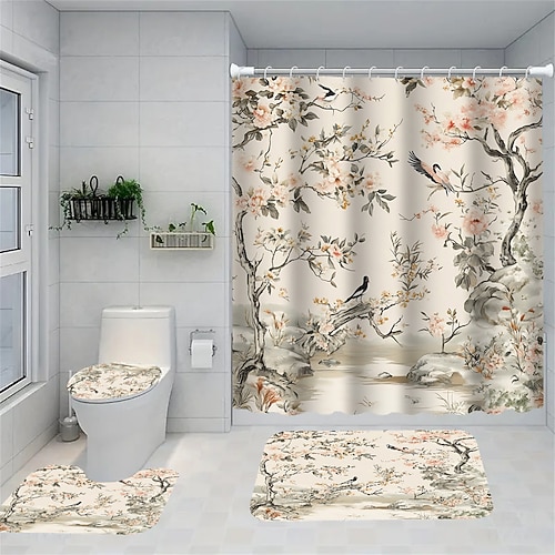 4-teiliger Badezimmer Set Wasserfester Polyester Duschvorhang mit 12 Haken 200 cm hoch duschvorhang waschbar Rutschfester Stabiler Badematte für Wohnkultur Image