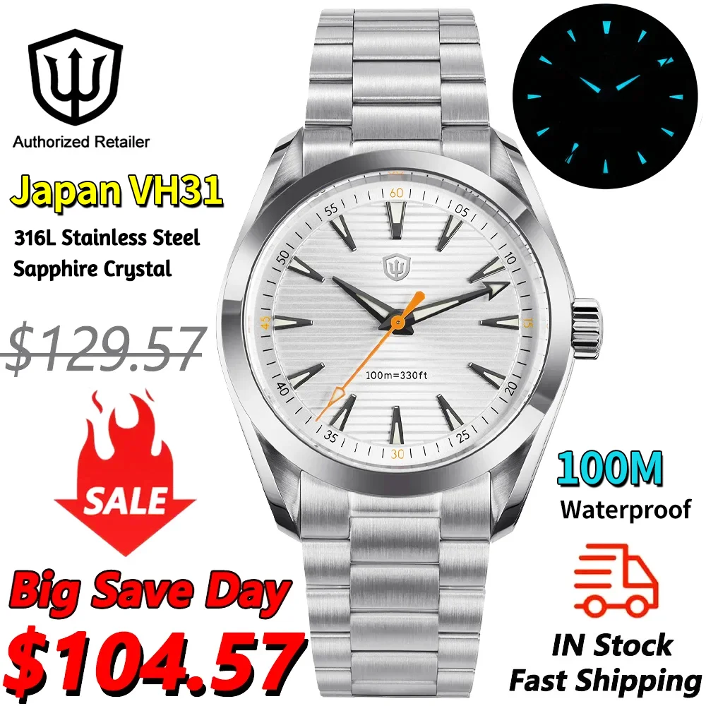 Watchdives WD0006 Vintage-Uhr VH31 Sweep, zweites Uhrwerk, gewölbtes Saphirglas, leuchtend, 10 Bar wasserdicht, 38 mm Quarzuhren Image