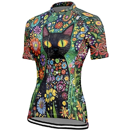 Damen Radtrikot Katze Blume Kurzarm Fahhrad T-Shirt Trikot mit 3 Gesäßtaschen Mountainbike MTB Schnelltrocknend Anatomisches Design Feuchtigkeitsableitend Atmungsaktiv Sport Blau Minzgrün Dunkelgrün Image