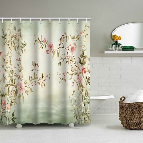Duschvorhang mit Haken 200 cm hoch duschvorhang waschbar Polyester duschvorhang blumen wasserdicht Muster Badezimmer Badewanne Dekor florale Vogelpflanze Image