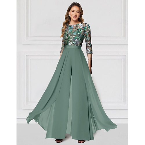 Tuta Completo Pantalone Lunghezza al pavimento Perline ricamate Abito Formale Abito da madre della sposa Abito da cerimonia per signora Mezza Manica Scollo Illusione Elegante Vintage Ospite di nozze