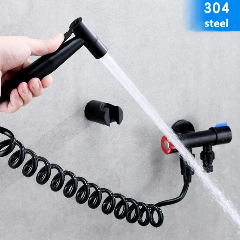 WC-Bidet-Sprühgerät, Hand-Bidet-Shattaf-Set für Damen, Analwaschhahn, Bidet-WC mit doppeltem Auslass-Eckventil, schwarz 304, heiß