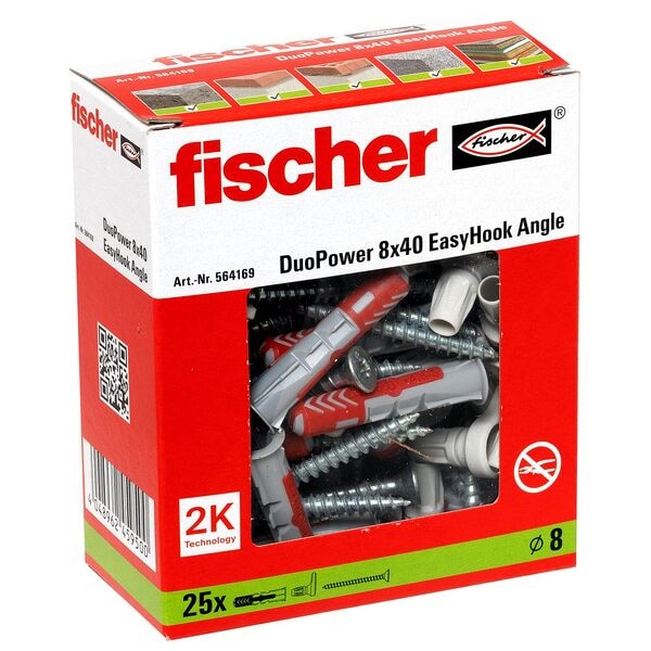 fischer Dübel mit Schrauben »EasyHook Angle - DuoPower 8x40 2K« 25 Stück grau