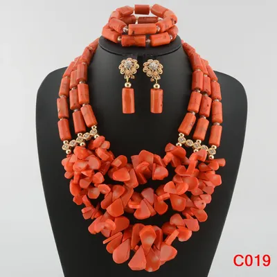 Latest Coral Jewelry Sets Nigerian Dubai Orange Necklace Sets of Beads African Bridal Jewelry Sets