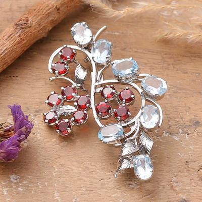 '10-Carat Blue Topaz and Garnet Rhodium-Plated Brooch Pin'