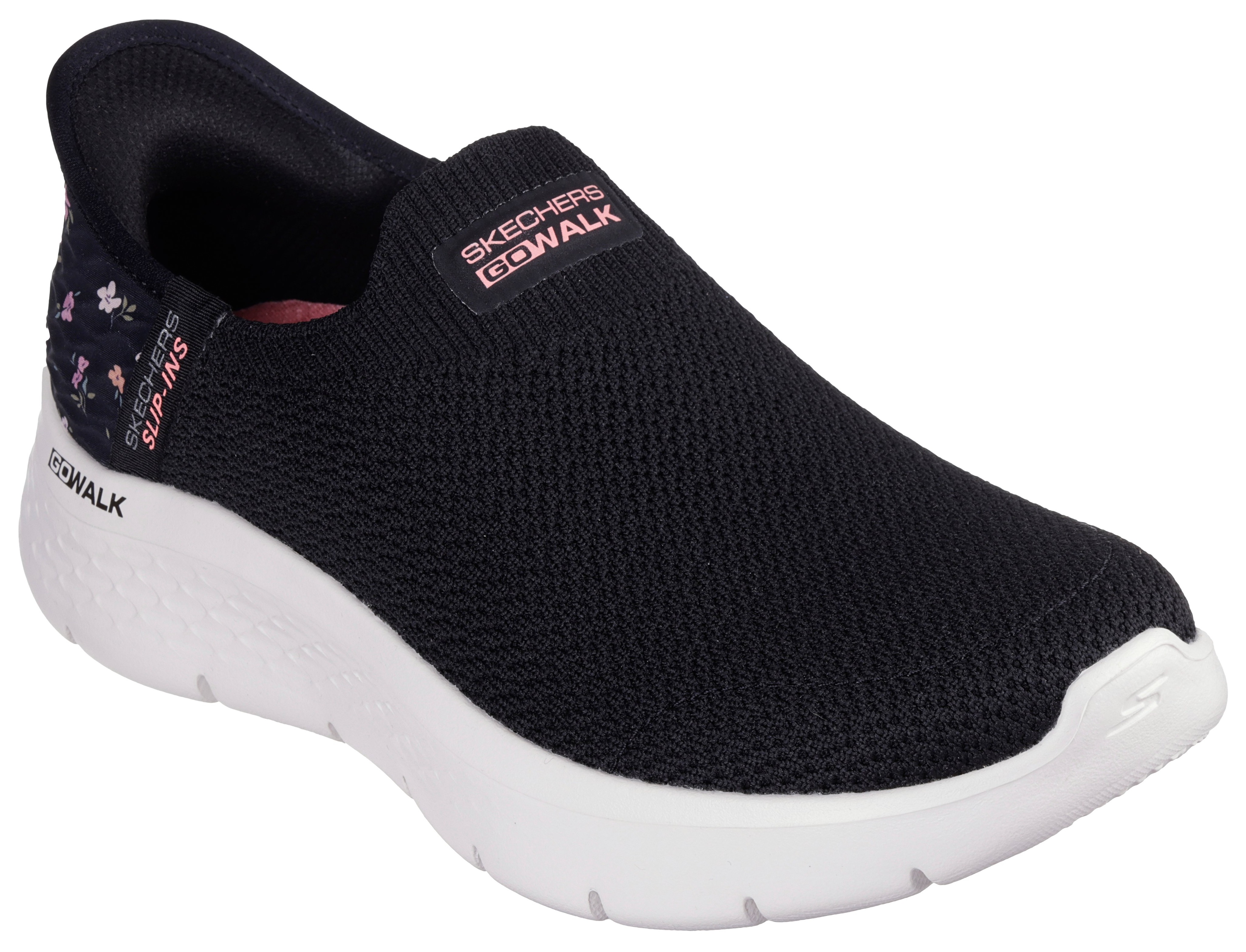 Slip-On Sneaker SKECHERS "GO WALK FLEX-SUNSET ROSE", Damen, Gr. 35, schwarz (schwarz, kombiniert), Textil, geblümt, Schuhe, Freizeitschuh, Vegan mit Skechers Handsfree Slip-ins Funktion