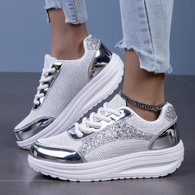 TEMU Ladies' Elegant Vintage Sneakers With Shiny Details, Lightweight And Comfortable Breathable Running Shoes, Casual Lace-up Sports Shoes For All Seasons, -soled Sports Shoes