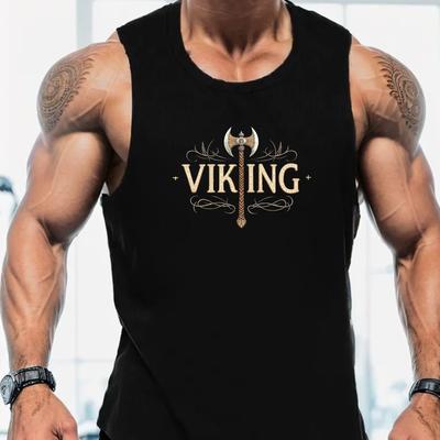 TEMU Men's Plus Size Tank Top - Athletic Sleeveless Shirt With Norse-, Dark Color, Polyester, Gym & Casual Wear, Plus Size Image
