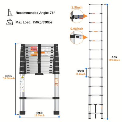 TEMU Stainless Steel Telescopic Ladder - 2.6m/3.2m/3.8m/4.4m Extendable, Portable & With Non-slip Feet, To 150kg, Attic Ladder Image