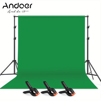 TEMU Andoer 2 * /6.6 * 10ft Studio Photography Green Screen Backdrop Background Washable Polyester- Fabric With 2 * /6.6 * 10ft Backdrop Support Stand Bracket + 3pcs Backdrop Clamps Image