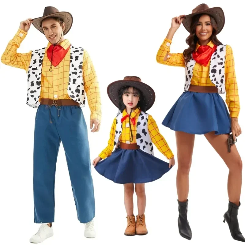 Halloween Paar Familie Cosplay Idee Kostüm Woody Jessie Outfits Film Bühne Karneval Party Komplettset für Erwachsene Männer Frauen Image