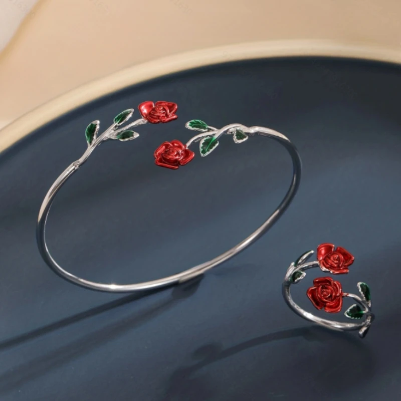 Neue Mode Rose Blume Offenes Armband Ring Damen Personalisierte Schmuck Set Täglich Vielseitig Urlaub Party Zubehör Geschenk Image