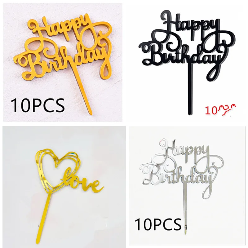 1 Set 10 Stück Acryl Alles Gute zum Geburtstag Kuchen Topper Gold Hochzeit Party Kuchen Topper Dessert Dekoration Kinder Geburtstag Backzubehör Image