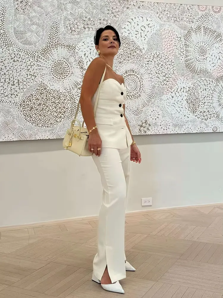 HH Büro Dame Elegante Feste Hose Sets Für Frauen Off Schulter Ärmelloses Rohr Top + Seite Schlitz Breite Bein hosen 2024 Casual Anzug Image